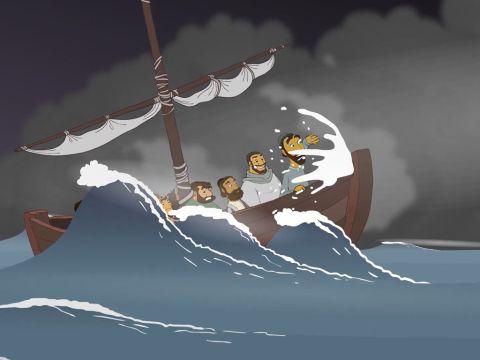 Suddenly a storm struck the lake. Waves started splashing into the boat, and it was about to sink. – Slide 5