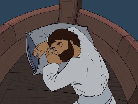 Jesus was in the back of the boat with His head on a pillow, and He was asleep. – Slide 6