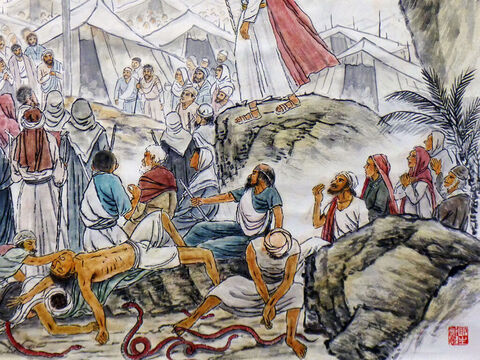 The plague of serpents. Numbers 21:4-9 <br/>They began to murmur against God and to complain against Moses. ‘Why have you brought us out of Egypt to die here in the wilderness?’ they whined. ‘There is nothing to eat here, and nothing to drink, and we hate this insipid manna.’ So the Lord sent poisonous snakes among them to punish them, and many of them were bitten and died. – Slide 5