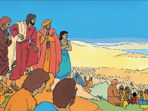 Jesus continues to preach and heal. Meanwhile, it gets late… <br/>Jesus: ‘Philip, how are all these people going to get food? Why don’t you give them something?’ – Slide 1