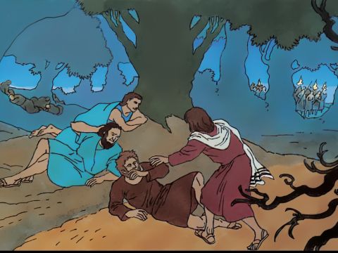 Jesus returns to His disciples three times but each time He finds them asleep. <br/>‘How can you sleep now? Get up! Look, my betrayer is here.’ – Slide 7