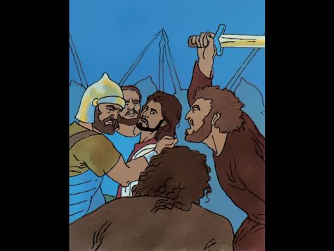 Peter: ‘Lord, shall we fight?’ <br/>He slashes his sword and strikes the High Priest’s servant cutting off his right  ear.’ – Slide 11