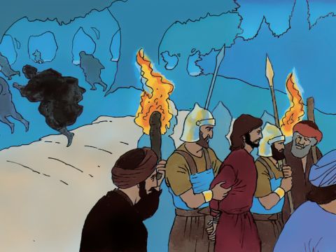 The detachment of soldiers with its commander and the Jewish officials arrest Jesus and bind Him. <br/>Jesus’ disciples desert Him and flee in the darkness. – Slide 13