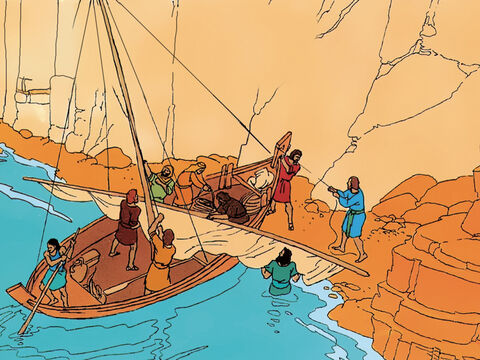 They land safely and tie up their boat. – Slide 9