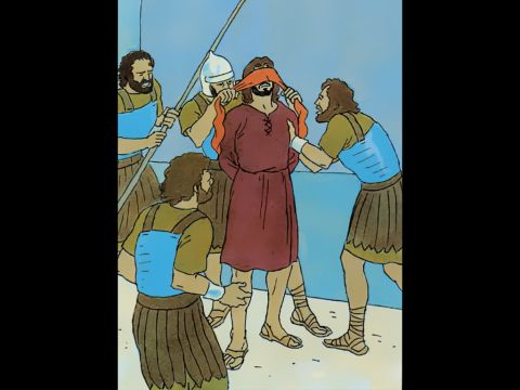 After being arrested the soldiers mistreat Jesus and blindfold Him. – Slide 1