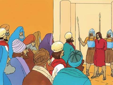 In the morning Jesus is brought to the assembly of the Jewish leaders. The High Priest interrogates Jesus… – Slide 4