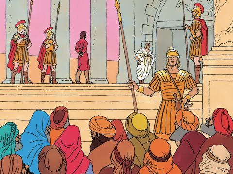 Jesus is brought to the Roman governor, Pilate. The Jewish leaders stir up those watching. They shout all kinds of accusations… – Slide 6