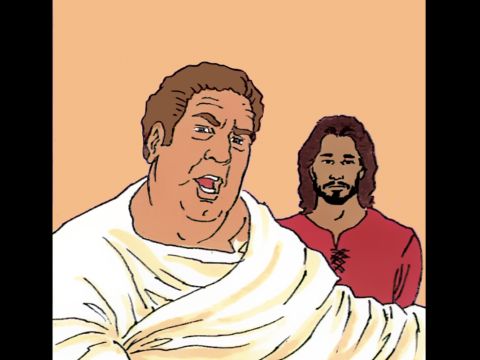 Pilate addresses the Jewish leaders. ‘I find no fault with Jesus. It’s the feast of the Passover when I release a prisoner. Who shall I release: Barabbas or the king of the Jews? – Slide 11