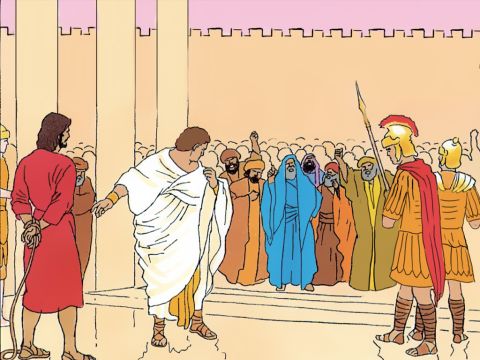 Pilate: ‘What should I do with this Jesus the Messiah?’ <br/>The crowd: ‘Crucify him! He poses as king!’ <br/>‘If you release Him, you’re no friend of Caesar’s.’ <br/>Pilate: ‘Why? What crime has He committed?’ asked Pilate. <br/>The crowd shout all the louder, ‘Crucify Him!’ – Slide 13