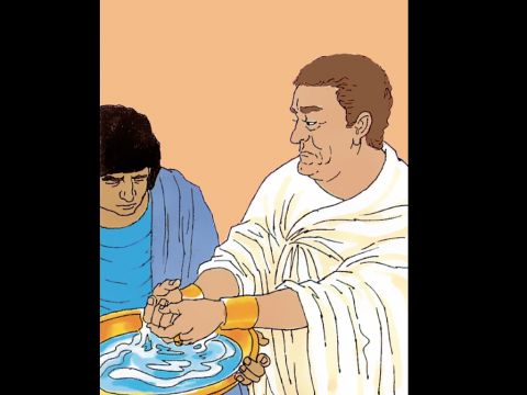 Pilate then washes his hands of being responsible for the death of Jesus. ‘I am innocent of His blood.’ – Slide 16