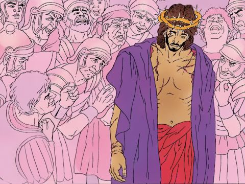 The Roman soldiers then put a scarlet robe on Jesus, and twist together a crown of thorns and set it on His head. They put a staff in His right hand and kneel before Him mocking, ‘Hail, king of the Jews!’. – Slide 17