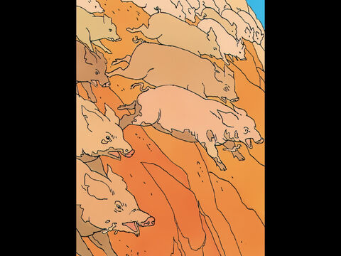 The demons leave and go into the herd of  around 2,000 pigs. – Slide 11