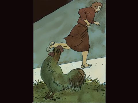 At that moment a rooster crows. ‘Cock-a doodle-doo.’ – Slide 6