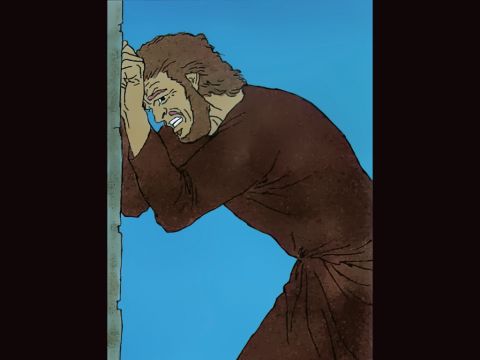 Peter is distraught at having denied Jesus three times just as Jesus had said he would. He weeps bitterly. – Slide 8