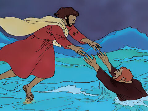 Jesus reaches out to stop Peter sinking and they both get into the boat. The storm stops and they make it to the shore. – Slide 8