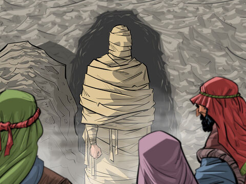 Jesus calls Lazarus to come out of the tomb.<br/>John 11:1-45 – Slide 4