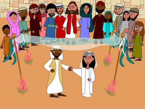 One day Jesus, His mother and His disciples were invited to a wedding in a place called Cana in Galilee. It was very exciting watching the bride and groom marry. Everyone was very happy for them both. – Slide 1