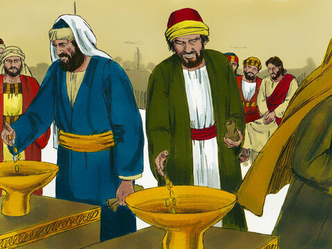 Jesus was sitting in the Temple in Jerusalem opposite the place where people gave their offerings. He watched as people put money into the large golden trumpet-shape bowls and he could hear the coins falling into the large treasury chests underneath. (There were 13 ‘trumpet’ treasury chests in the temple). – Slide 1