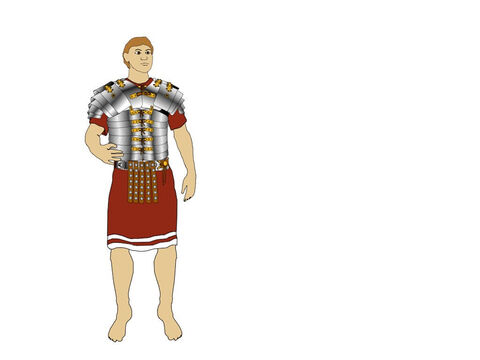 The body armour (Lorica Segmentata) was made from overlapping iron strips, fastened with hooks and laces at the front and hinged at the back. These were held together by vertical leather strips on the inside. The armour allowed the soldier to bend whilst being well protected. It was strengthened by front and back plates below the neck. The shoulders were protected by curved pieces of iron. – Slide 3