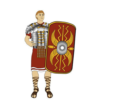 On the left side of the soldier's body was his trusty shield (Scutum). It was a semi-circular shield, designed so that any missiles thrown at the soldier would be deflected to one side. This would require less effort by the soldier to defend himself. – Slide 5