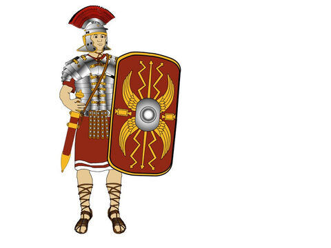 The sword (Gladius) was worn on the right side of his body. This enabled it to be drawn underarm with his right hand without interfering with the shield which he carried in his left hand. – Slide 7