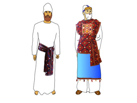 The priests wore white linen garments held together with a sash or girdle made woven fine linen and blue, purple and scarlet yarn (the same as the veil). The high priest wore the ephod, breastpiece, robe and turban over white linen undergarments. – Slide 21