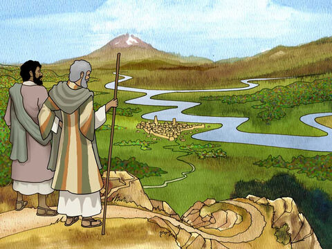 High above the valley floor Abram and Lot discuss their positions. 'Is not the whole land before you? Please separate from me; if to the left, then I will go to the right; or if to the right, then I will go to the left.' Genesis 13:9 (NASB). – Slide 5