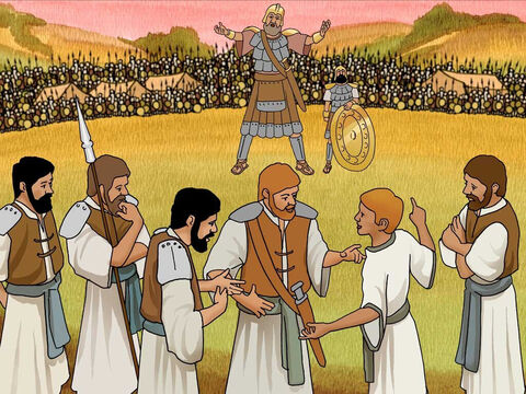 David went to visit his brothers at the battle ground. ‘As he was talking with them, behold, the champion, the Philistine from Gath named Goliath, was coming up from the army of the Philistines, and he spoke these same words; and David heard them.’ 1 Samuel 17:23 (NASB) – Slide 11