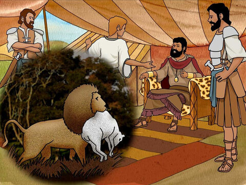 David explained to King Saul how he had killed both a lion and bear that had attacked his father's flock. ‘The Lord who rescued me from the paw of the lion and the paw of the bear will rescue me from the hand of this Philistine.’ <br/>Saul told David, ‘Go, and may the Lord be with you.’ – Slide 15