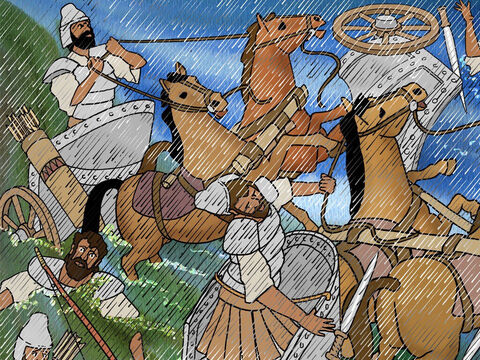 The Lord confused Sisera and his chariots as the water in the river Kishon rose to a mighty torrent, flooded the land and swept many of the army away. – Slide 14