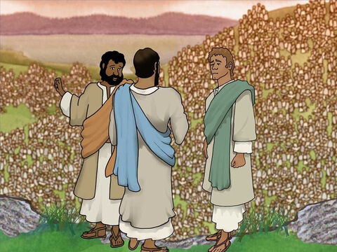 Another disciple, Andrew, heard the question Jesus asked Philip.  He told Jesus that he knew a lad who had a lunch of five barley loaves and two fish. But, how could that be helpful? Jesus asked Philip to get the lunch and the disciples were told to get everyone sitting down. – Slide 7