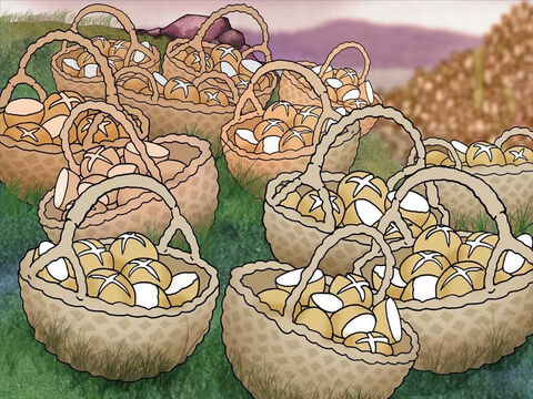 Then Jesus told them, ‘Gather up the leftover fragments so that nothing will be lost.’ Twelve baskets were filled with the leftover fragments. God provided food for everyone. Jesus used a willing boy’s gift to bless thousands. – Slide 10