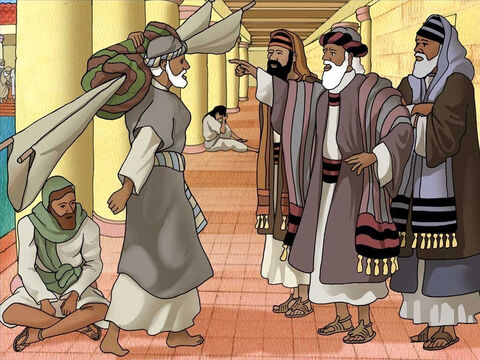 The man continued to carry his mat as Jesus commanded. Some of the Jewish religious leaders looked at him in disgust, as according to the law, no one was to work on the Sabbath. They thought carrying a mat on the Sabbath was work and therefore a sin. – Slide 5