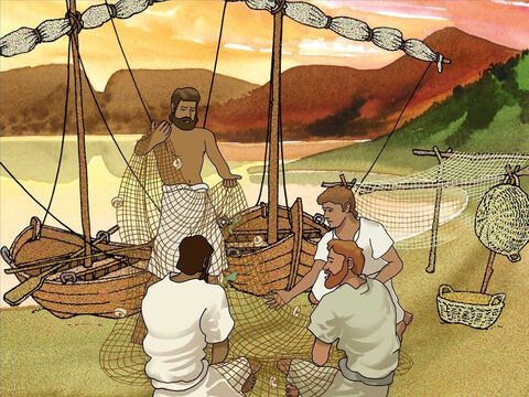 On shore the fishermen cleaned their nets. As the fishermen worked, a large crowd was growing and pressing in on Jesus. Jesus noticed the men cleaning their nets and proceeded to go toward their boats. – Slide 3