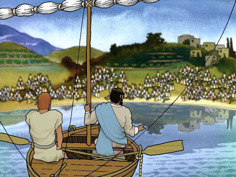 Jesus asked Peter to take Him in the boat and row a short distance from land. Then Jesus spoke to the people and taught them about God and His kingdom. Even though Peter was tired he listened carefully to Jesus’ words. – Slide 4