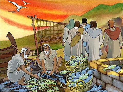 When these men followed Jesus they left many things behind. James and John left their father, the servants and all those fish. The fish were not as important as the great adventure they were going to take with the Son of God. – Slide 11