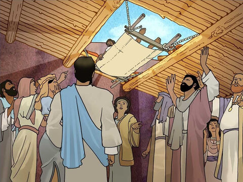 Fortunately the paralysed man’s friends did not let this stop them from helping their friend to see Jesus. They all went up to the roof of the house. Then they took apart the ceiling to lower the paralysed man down to Jesus. – Slide 4