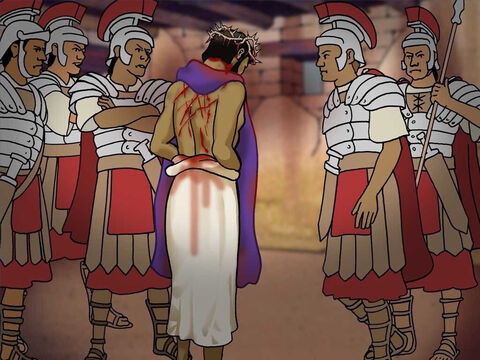 Pilate gave Jesus over to the soldiers. The soldiers took Jesus aside and scourged Him. They twisted together a crown of thorns and put the purple robe on Him. They yelled, ‘Hail, King of the Jews’ and slapped Him in the face. (John 19:1-3) – Slide 17