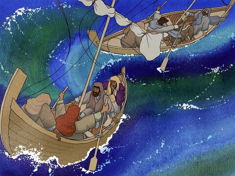 As they set off across Galilee the weather was calm. Quickly and without warning a violent storm erupted putting the small boats in grave danger. Some of the men were experienced fishermen so they tried to control the boats. – Slide 6