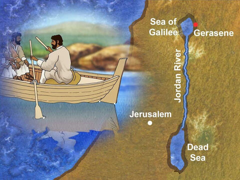 Jesus with His disciples traveled by boat across the Sea of Galilee to the region of the Gerasenes. At this time much of this area was inhabited by Gentiles (Romans, Greeks and Syrians). – Slide 1
