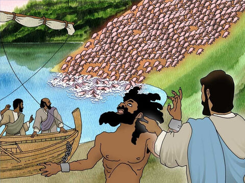The demons went out of the wild man and into the herd of 2000 pigs. Immediately the pigs went crazy. They all rushed down the bank and drowned in the sea. The wild man was now set free of the terrible demons. – Slide 6