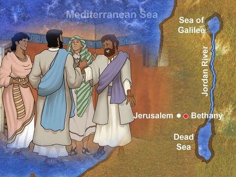Just a short distance outside Jerusalem, in a village called Bethany, lived a family of siblings that welcomed Jesus. Their names were Mary, Martha and Lazarus. Jesus deeply loved each member of this family. – Slide 1