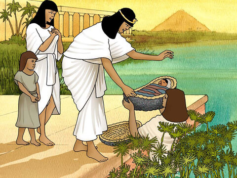 Pharaoh’s daughter came to the Nile with her maidens. They discovered the baby in the basket. Pharaoh’s daughter loved the Hebrew baby. Then the baby’s sister asked Pharaoh’s daughter if she would like her to find a woman who could take care of the baby. Pharaoh’s daughter said ‘yes’. So the baby’s sister ran to get her mother. (Exodus 2: 5-8) – Slide 5