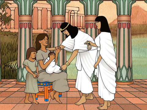 Then Pharaoh’s daughter said to the baby’s mother; ‘Take this child away and nurse him for me and I will give you your wages.’ So the woman took the child and nursed him. The child grew, and she brought him to Pharaoh’s daughter and he became her son. And she named him Moses, and said, ‘Because I drew him out of the water.’ Exodus 2:9-10 (NASB) – Slide 6