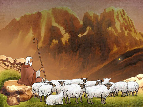 After forty years as a shepherd, ‘... Moses was pasturing the flock of Jethro his father-in-law, the priest of Midian; and he led the flock to the west side of the wilderness and came to Horeb, the mountain of God.’ Exodus 3:1 (NASB) – Slide 1