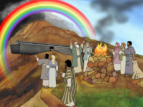 God was grateful with Noah’s offering. He made a covenant with mankind and all flesh (Genesis 8:22-9:17). Then God placed the rainbow in the sky to remind His creation that He would never do this to the earth again. – Slide 16