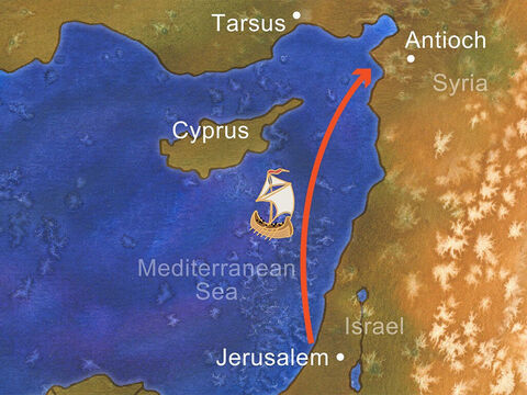 Far to the north of Jerusalem was the gentile city of Antioch. In Antioch many Jews and gentiles who loved Jesus met and started a church. Paul probably traveled by boat from Jerusalem to Antioch to visit this church. – Slide 6