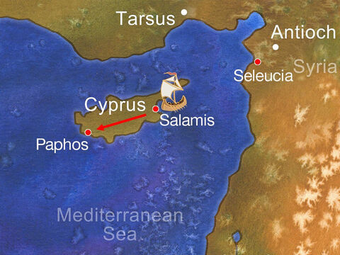Then they travelled on through the whole island as far as Paphos, telling people about Jesus. – Slide 12