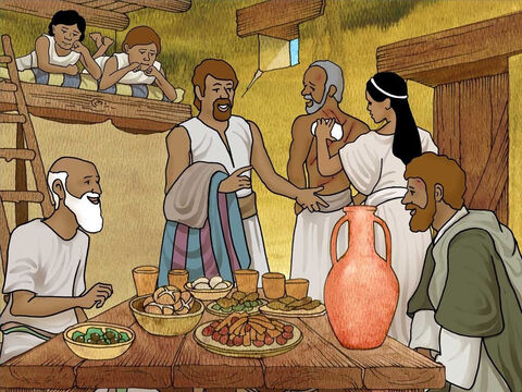 The guard took Paul and Silas to his home. That night the guard’s family believed in Jesus. Right away they were all baptised. The family washed Paul and Silas’ wounds and fed them a good meal. They all rejoiced and Paul and Silas were freed that same morning. – Slide 14