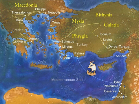 After preaching the Gospel in many areas of Macedonia and present day Greece, Paul sailed back to Israel. Sailing past Cyprus, he made his first stop in Tyre, next was Ptolemais, and then Caesarea. Acts 21:1-7 – Slide 1